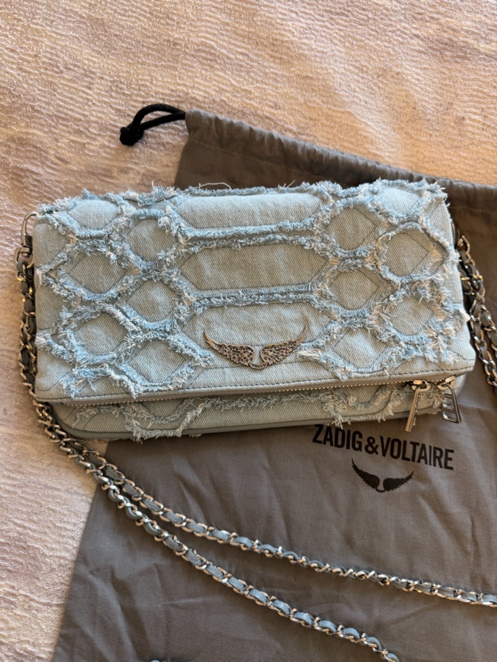 New Zadig & Voltaire Rock Fringed Denim Breeze Crossbody Clutch Light blue - Picture 2 of 9